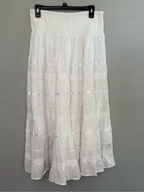 J Gee White Boho Maxi Skirt Size Small Tiered Ribbon Trim